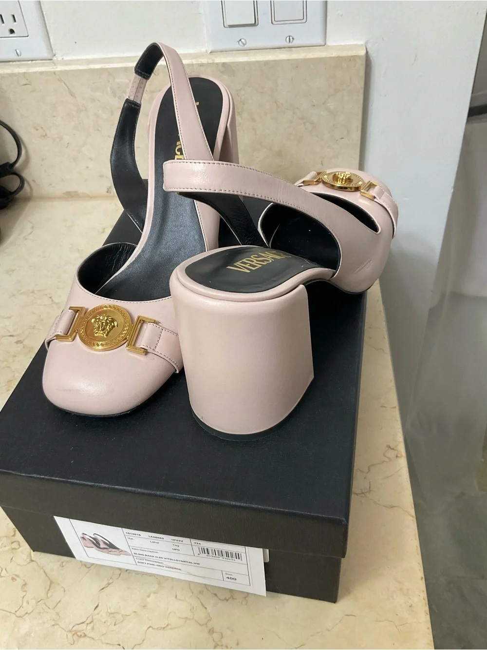 Versace Blush Pink Leather Slingback Heels with Gold Medallions